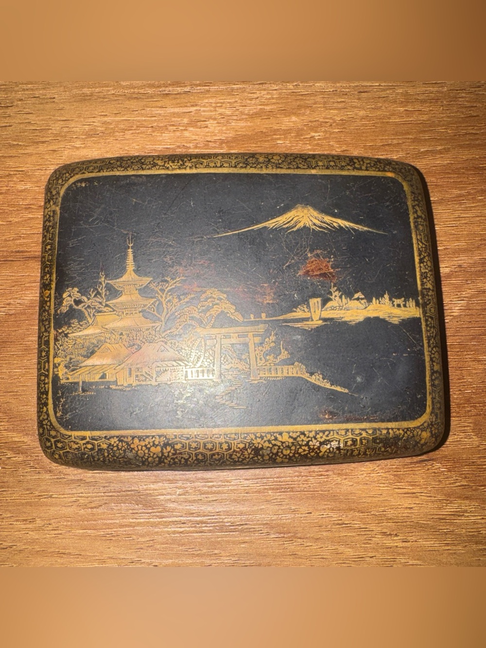 Vintage WWII Era Japanese Damascene Komai Cigarette Case - Mount Fuji